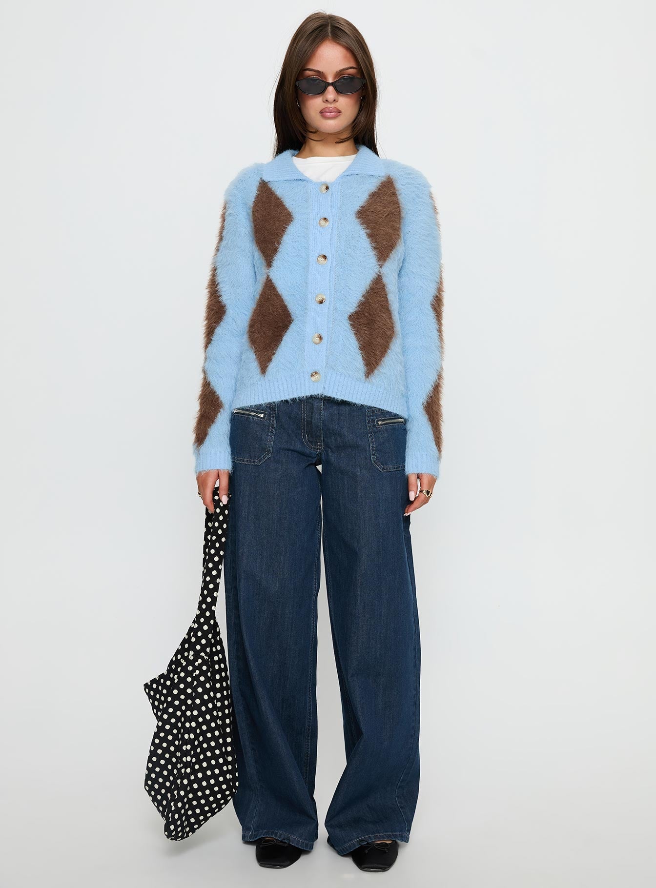 Lynnsey Fluffy Collared Knit Jumper Blue Argyle