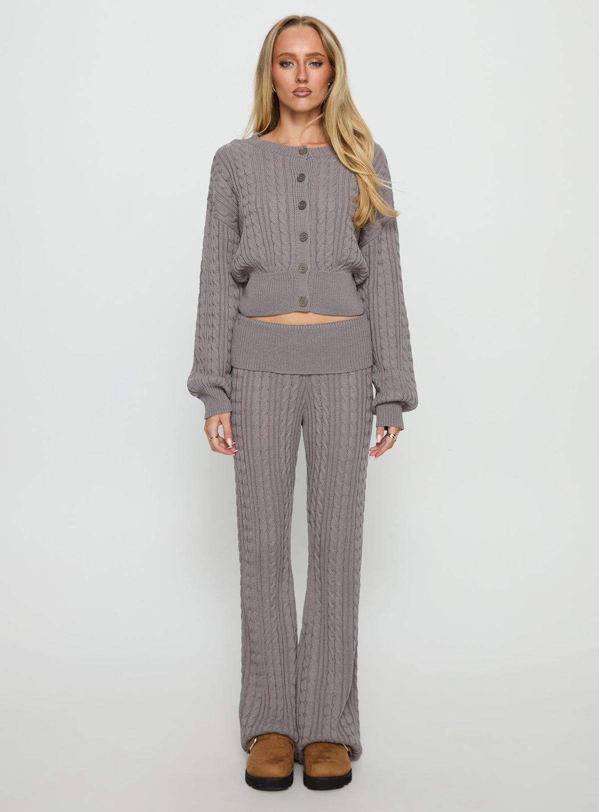Baleigh Cable Knit Foldover Trousers Grey
