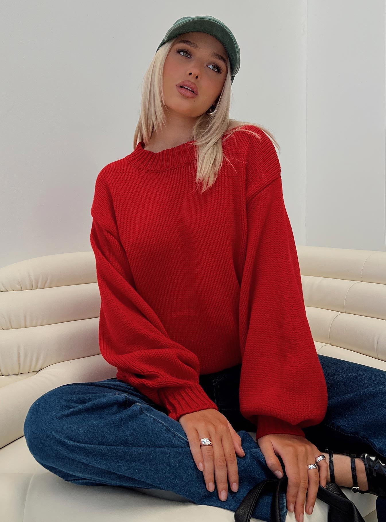 Harmony Balloon Sleeve Knit Jumper Red
