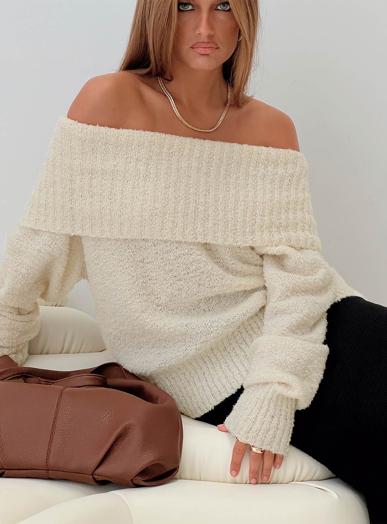 Parkley Boucle Off The Shoulder Jumper Cream