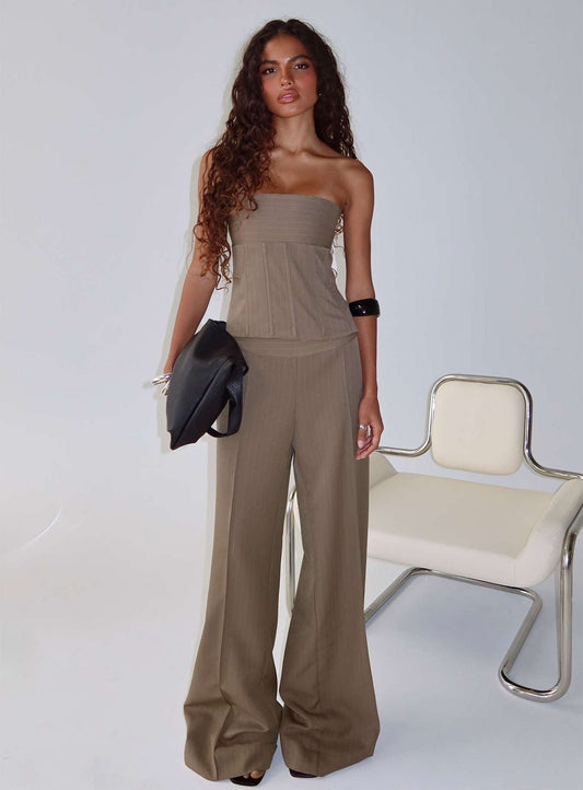 Pantalones Madelle de talle medio y corte recto, marrones a rayas finas