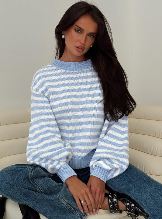 Harmony Balloon Sleeve Knit Jumper Blue / White Stripe