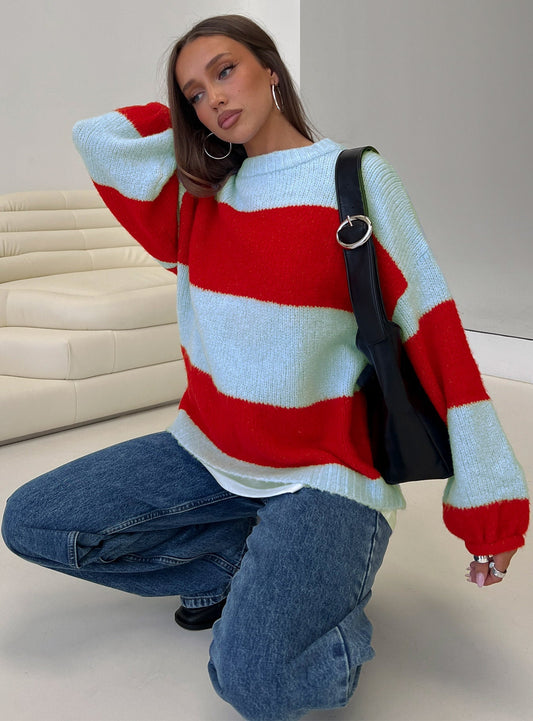 Bastien Crew Neck Knit Jumper Blue / Red