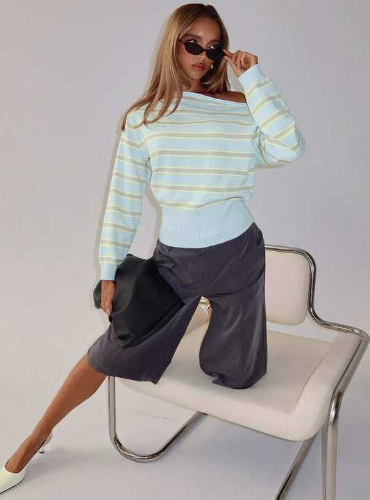 Zinia Off Shoulder Knit Jumper Grey / Blue Stripe