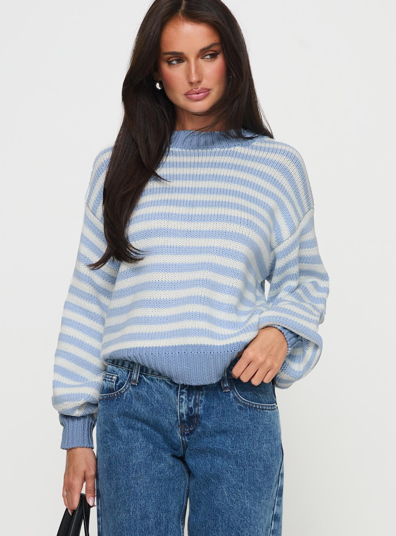 Harmony Balloon Sleeve Knit Jumper Blue / White Stripe