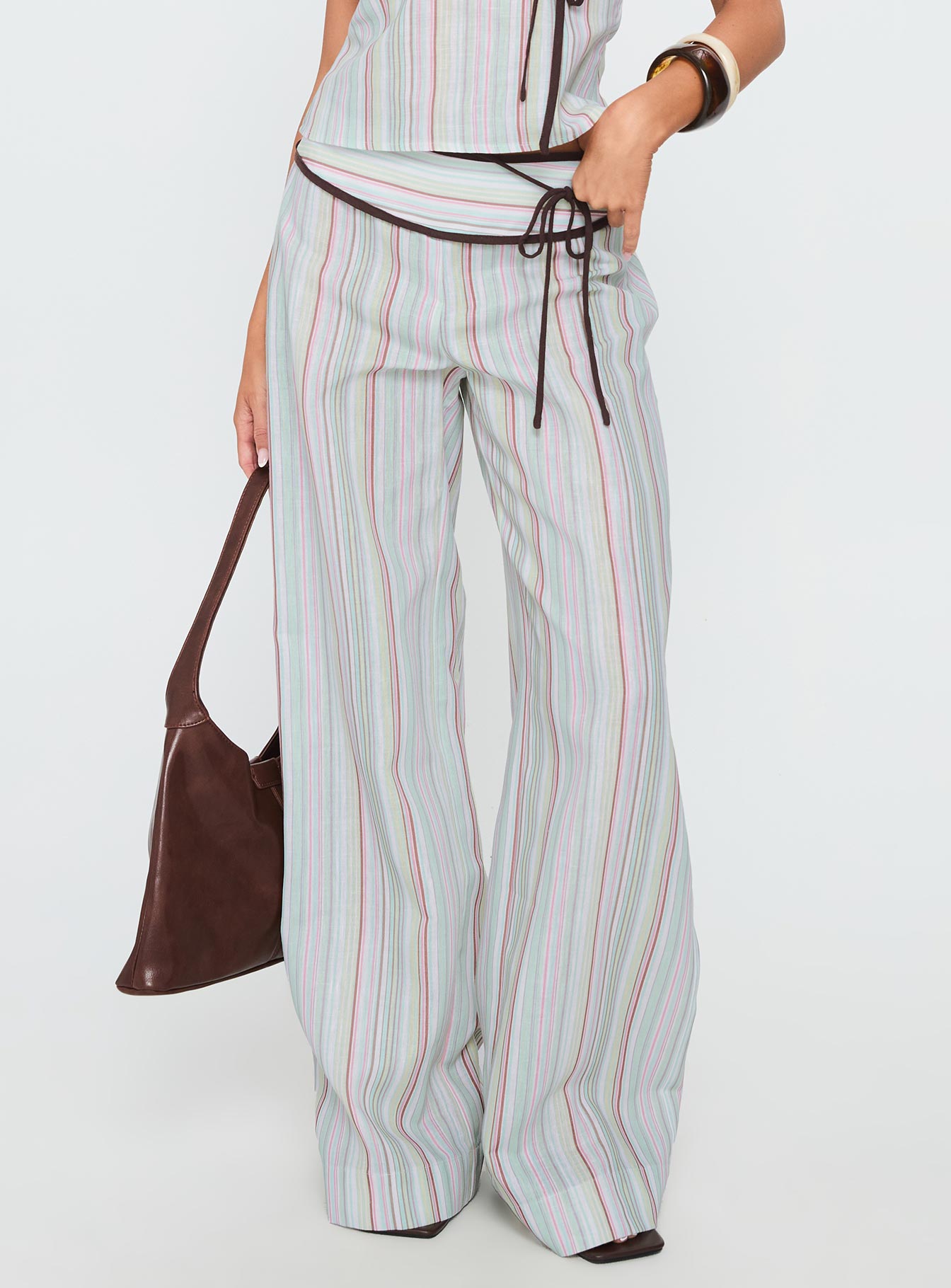 Taylar Thick Waistband Tie Trousers Green Stripe