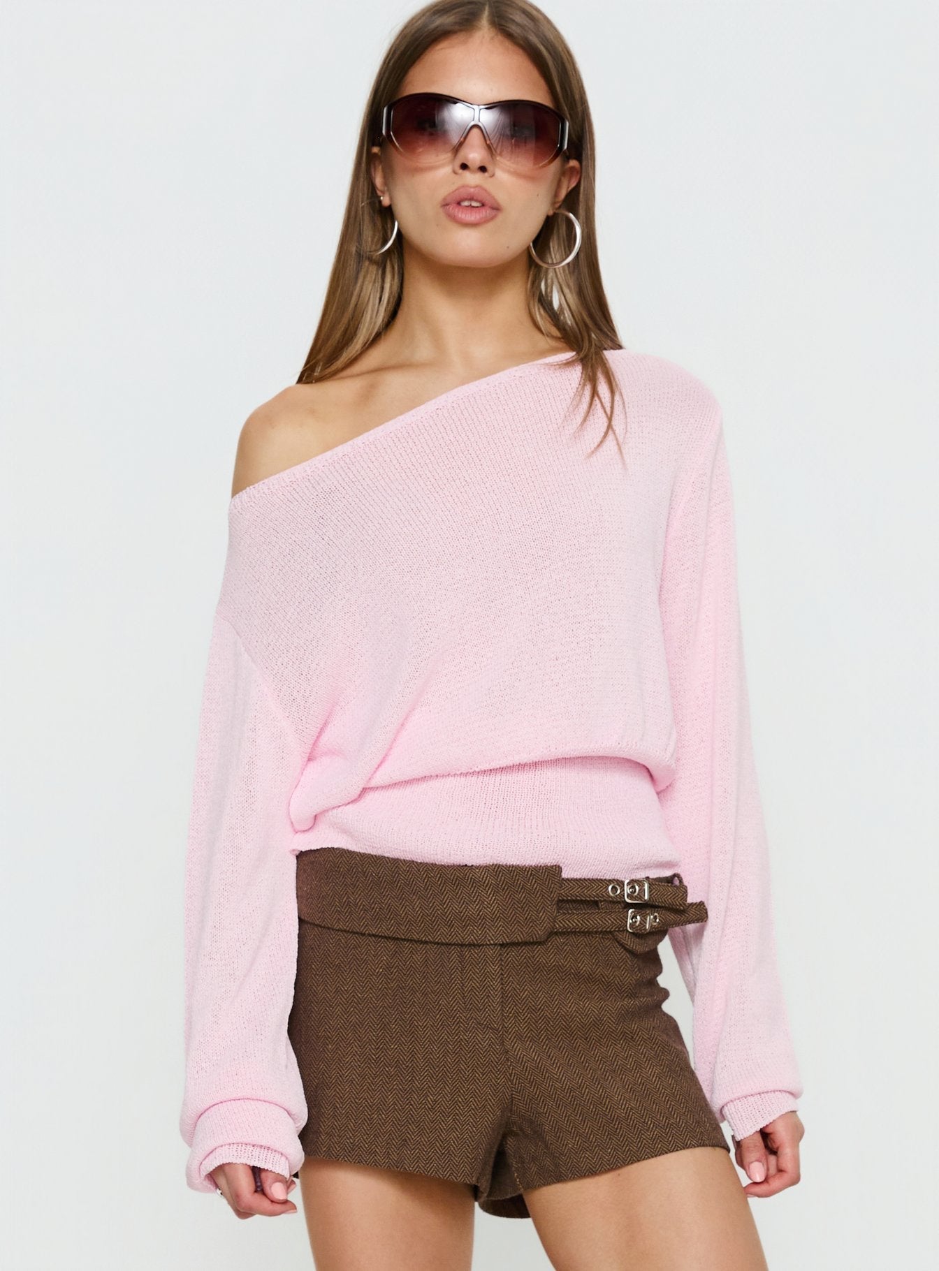 Xaria Off Shoulder Knit Jumper Pink