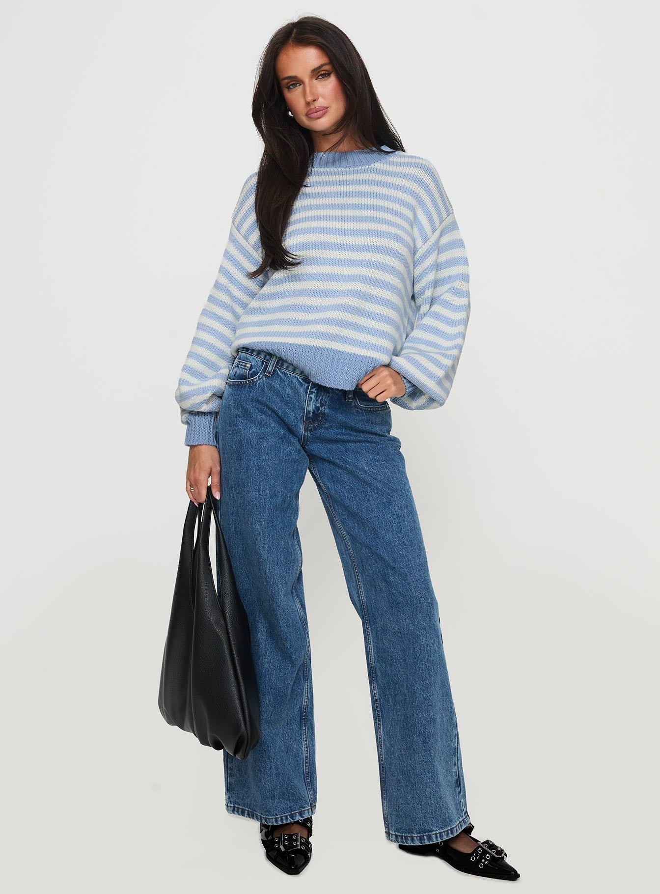 Harmony Balloon Sleeve Knit Jumper Blue / White Stripe