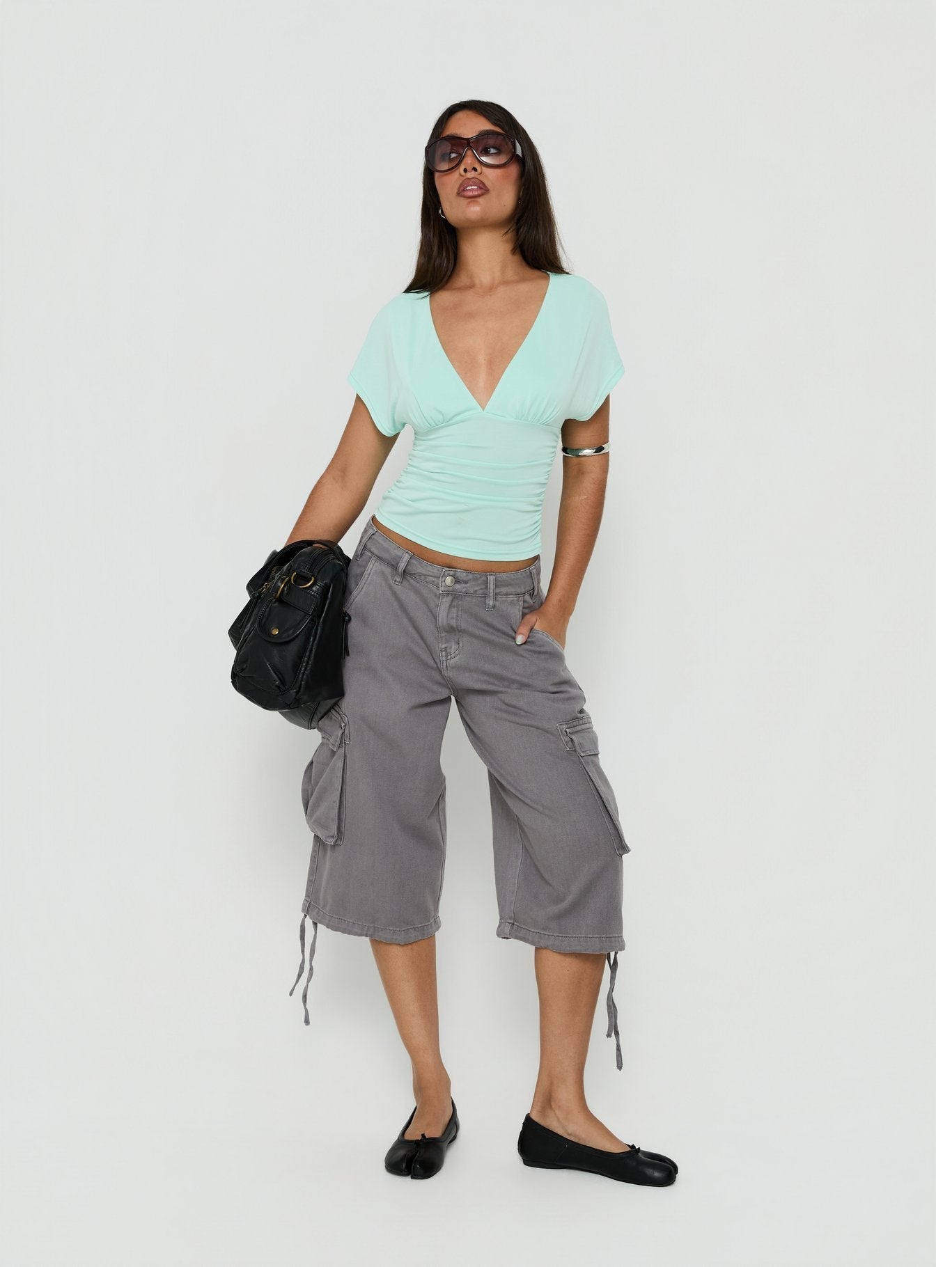 Mattey Cinched V Neck Top Turquoise