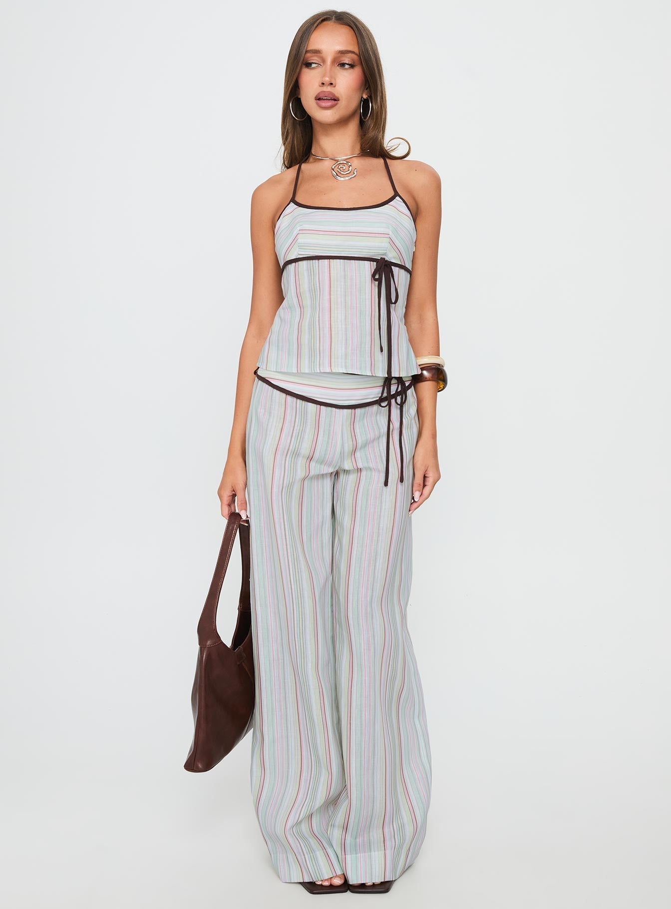 Taylar Thick Waistband Tie Trousers Green Stripe
