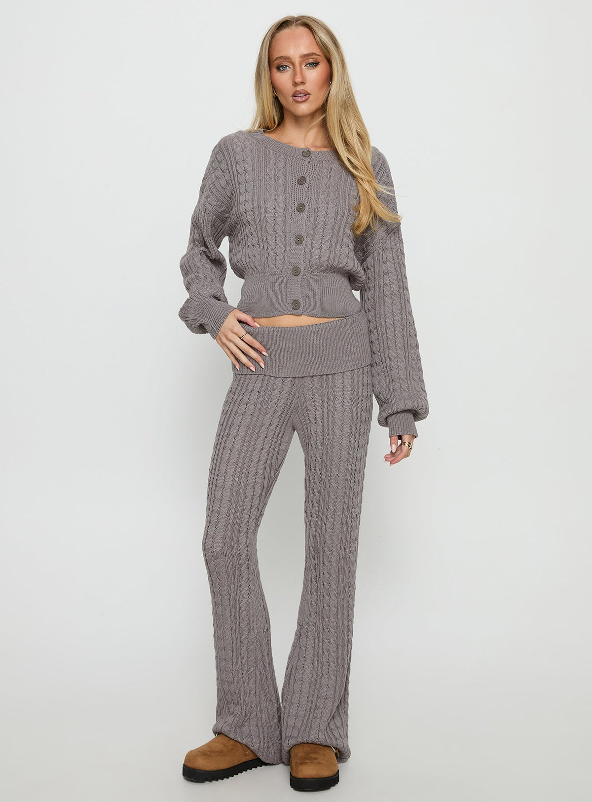 Baleigh Cable Knit Foldover Trousers Grey