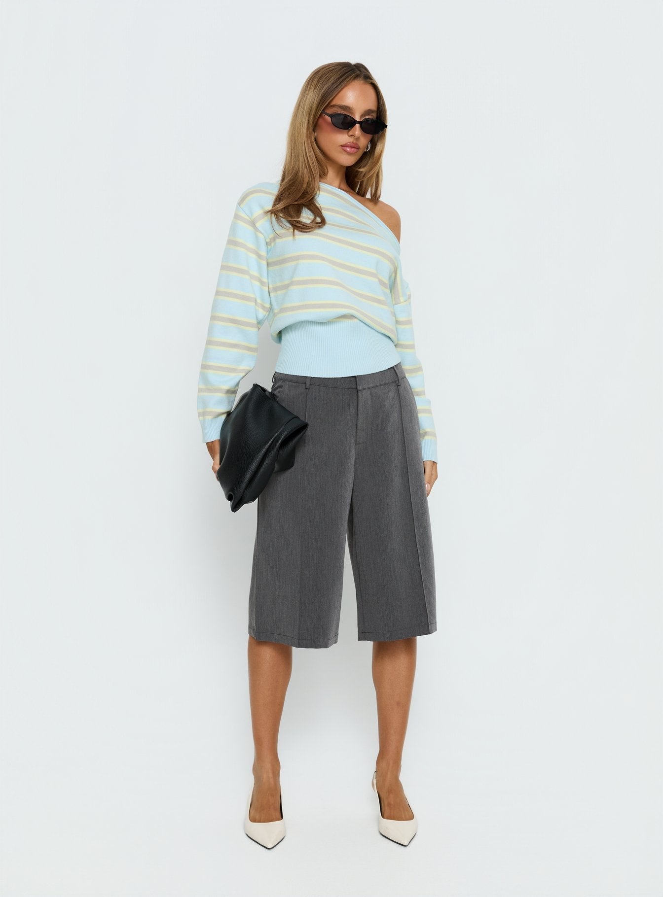 Zinia Off Shoulder Knit Jumper Grey / Blue Stripe