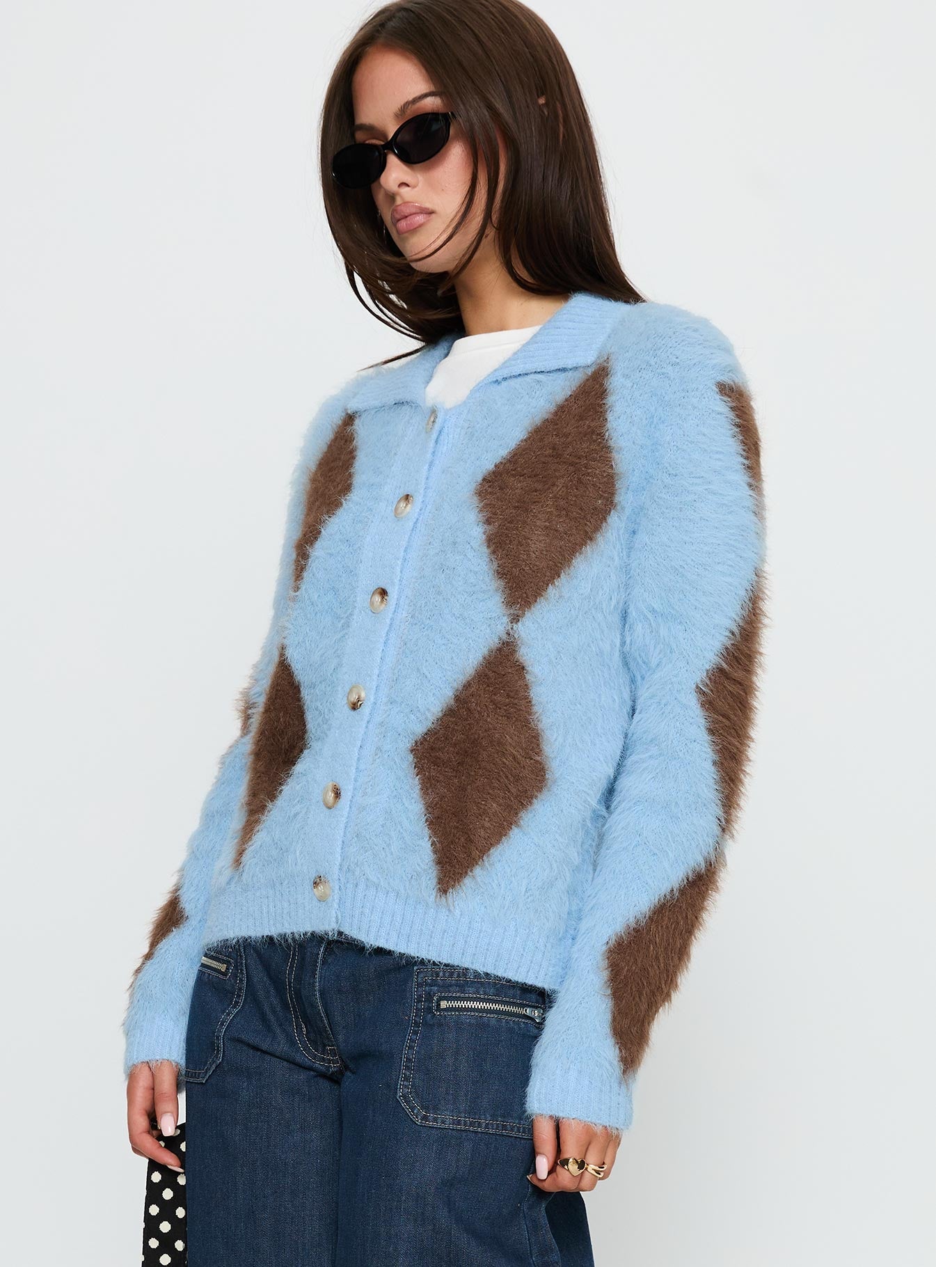 Lynnsey Fluffy Collared Knit Jumper Blue Argyle
