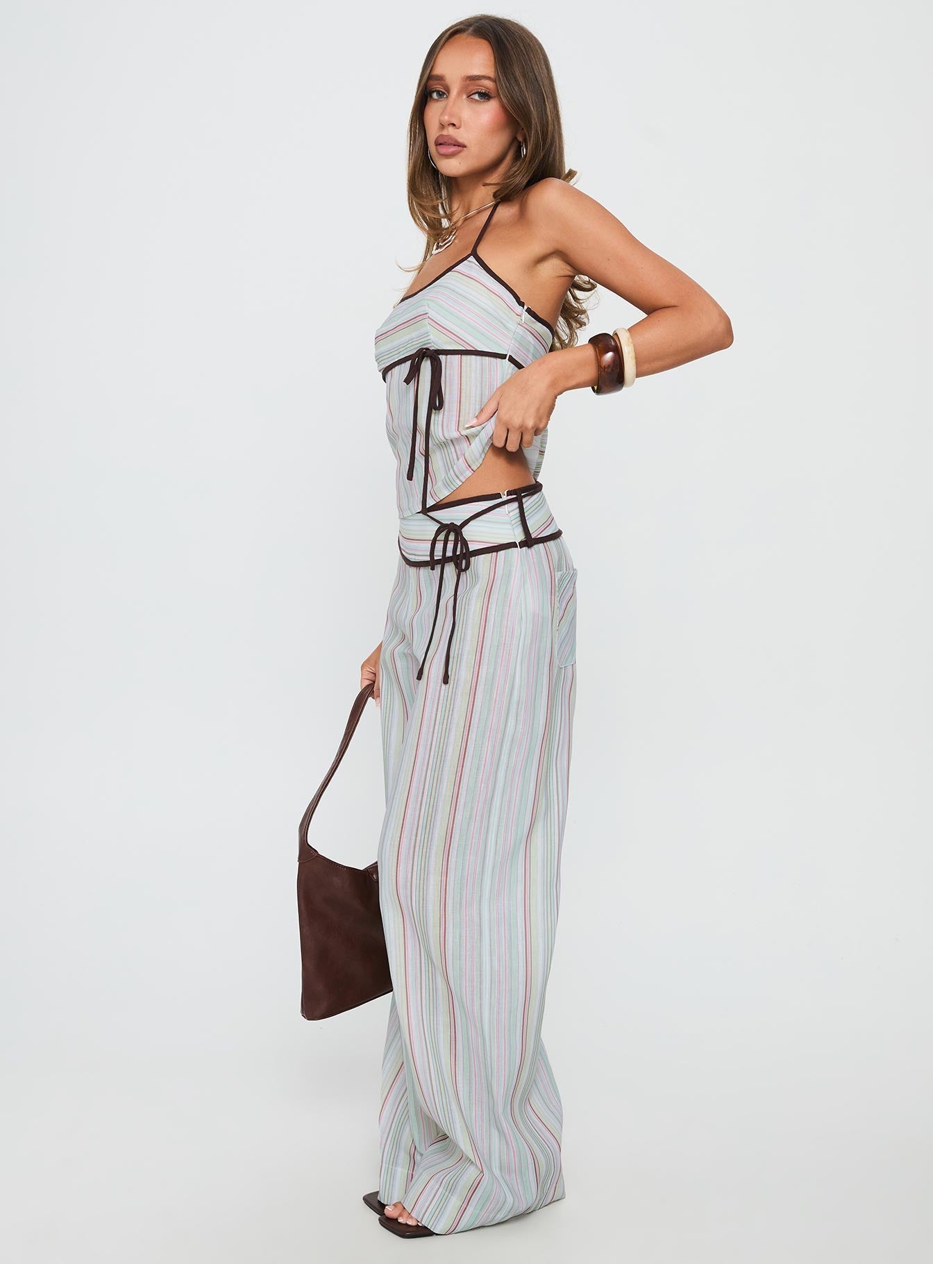 Taylar Thick Waistband Tie Trousers Green Stripe