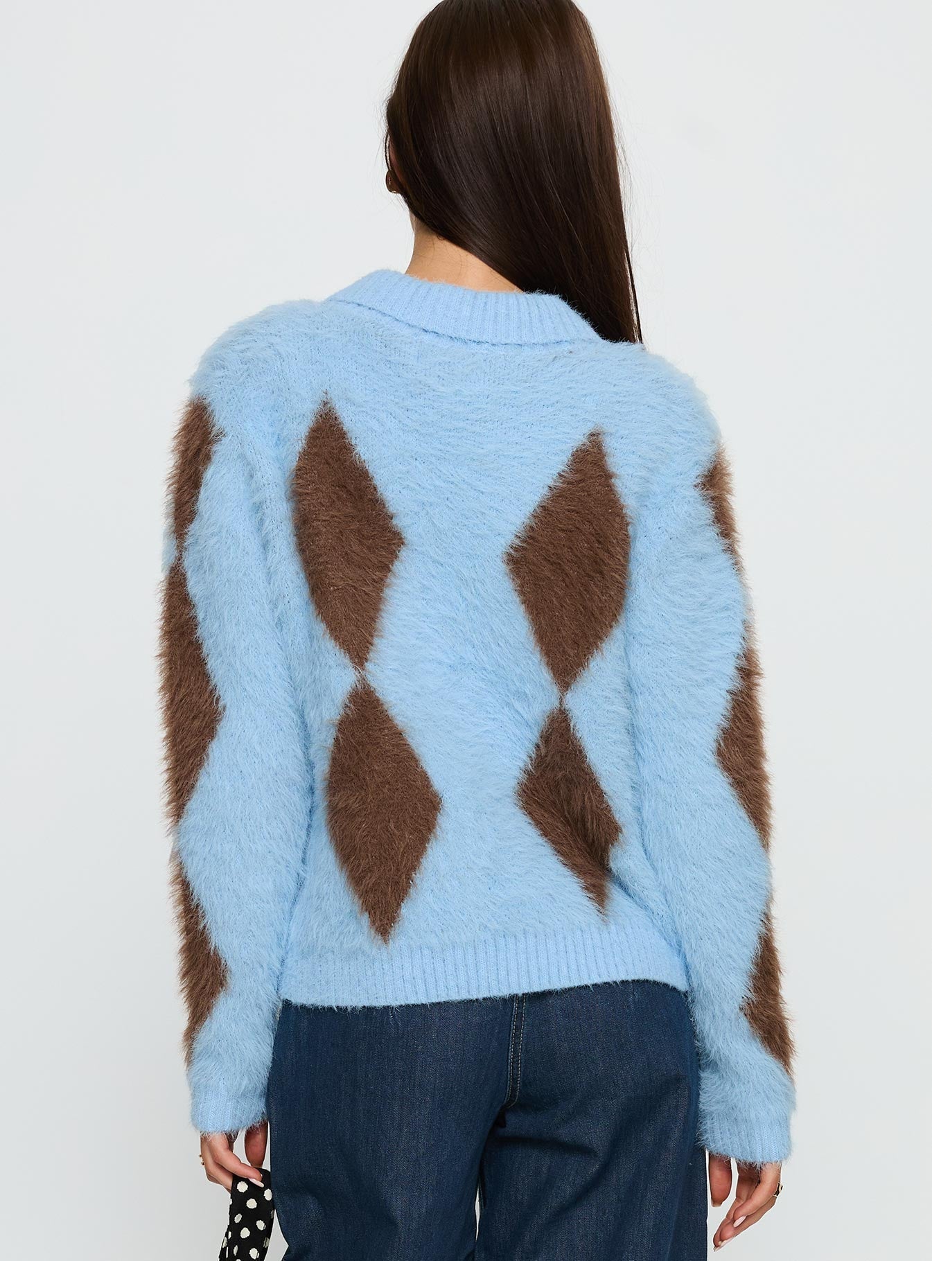 Lynnsey Fluffy Collared Knit Jumper Blue Argyle