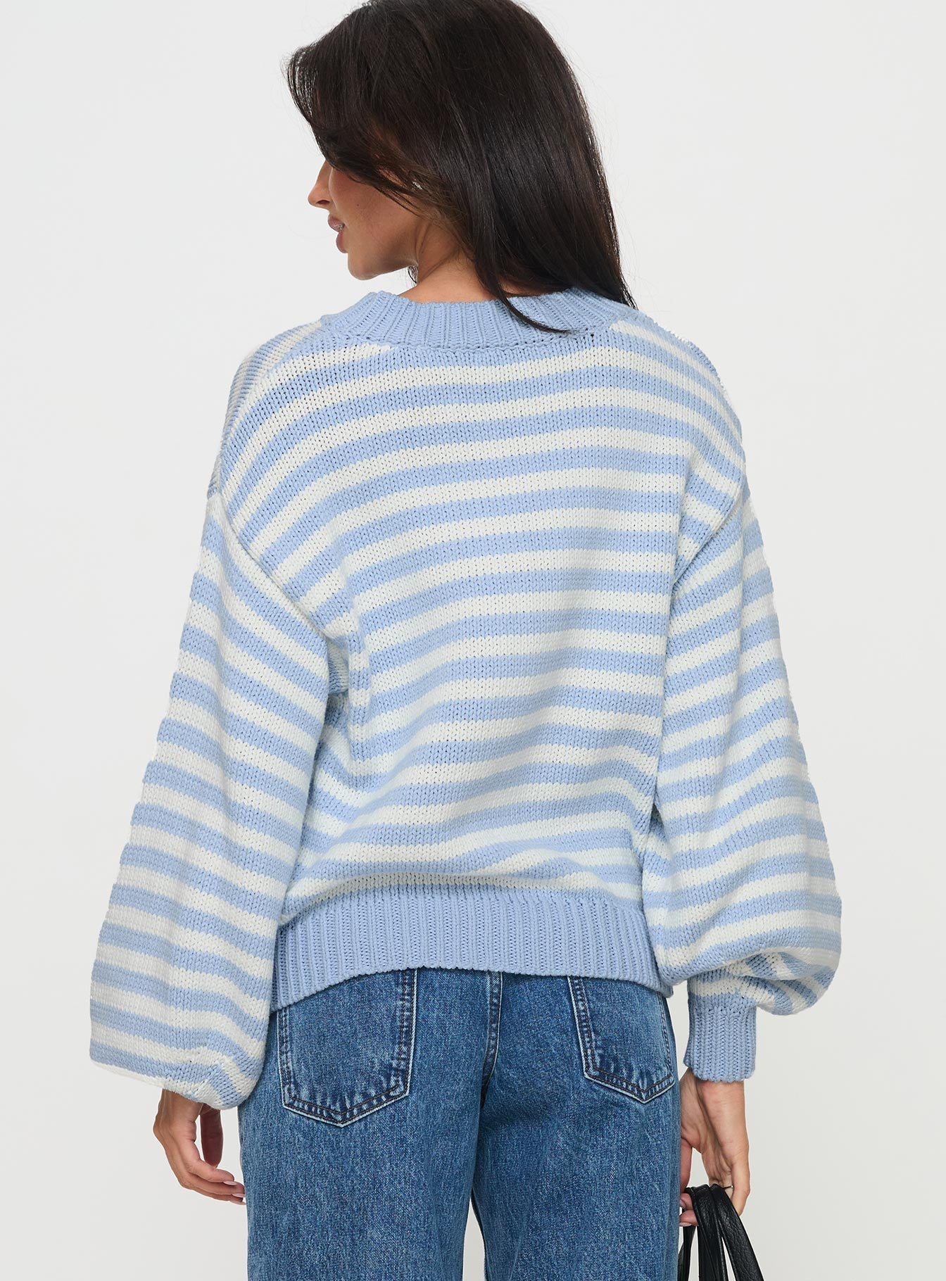 Harmony Balloon Sleeve Knit Jumper Blue / White Stripe
