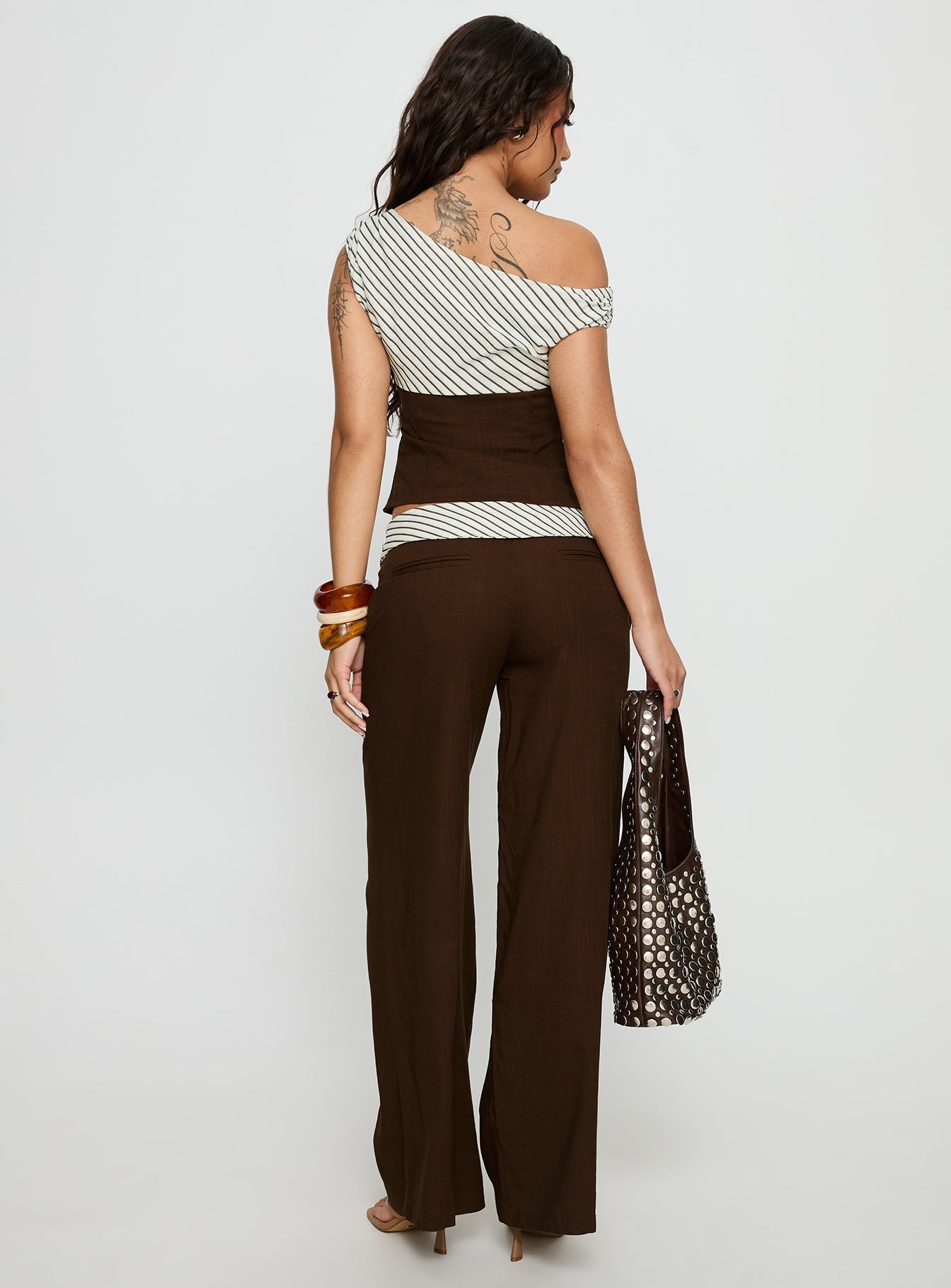 Past Life Fold Over Waistband Trousers Brown / Stripe