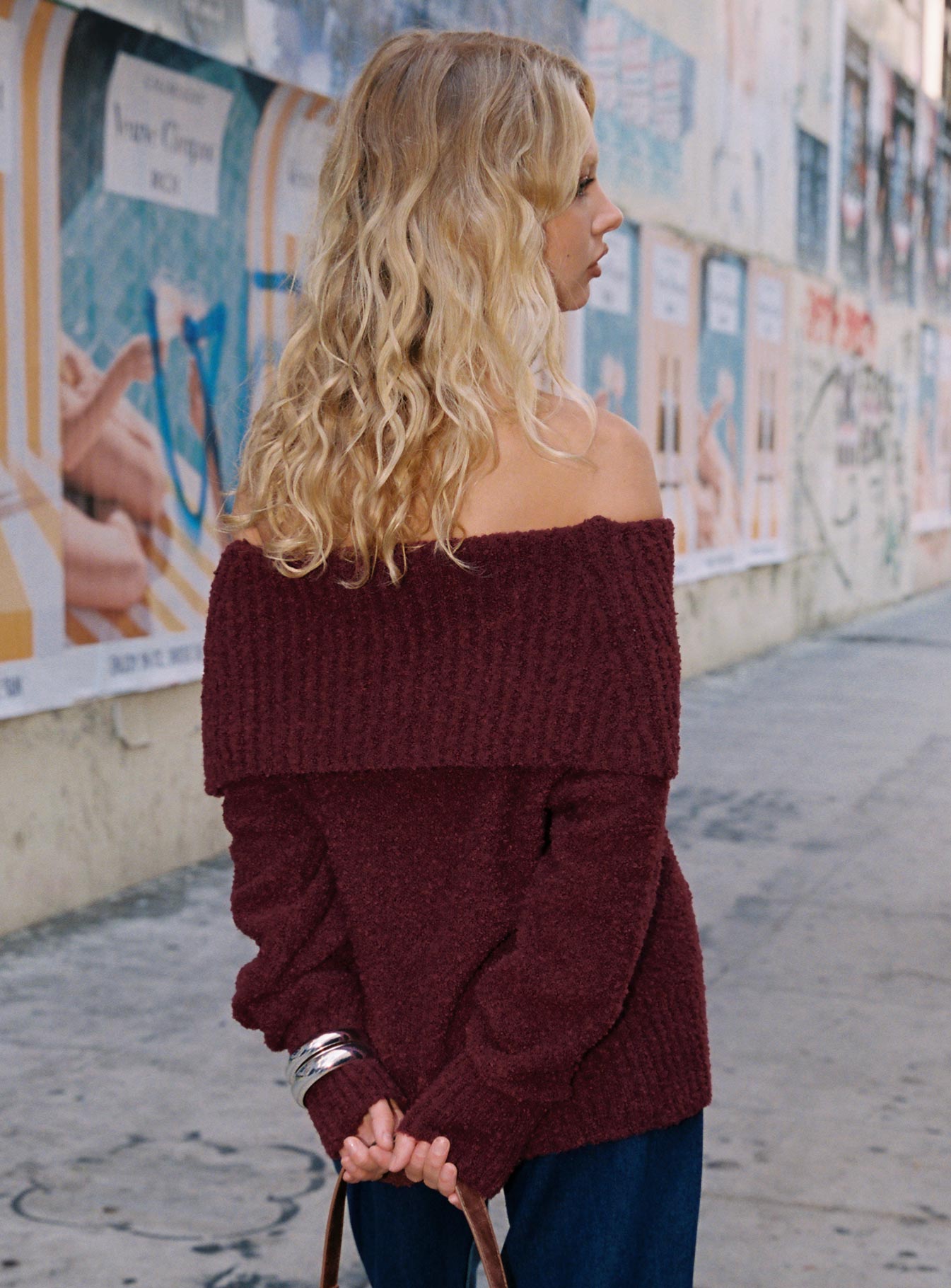 Parkley Boucle Off The Shoulder Jumper Burgundy