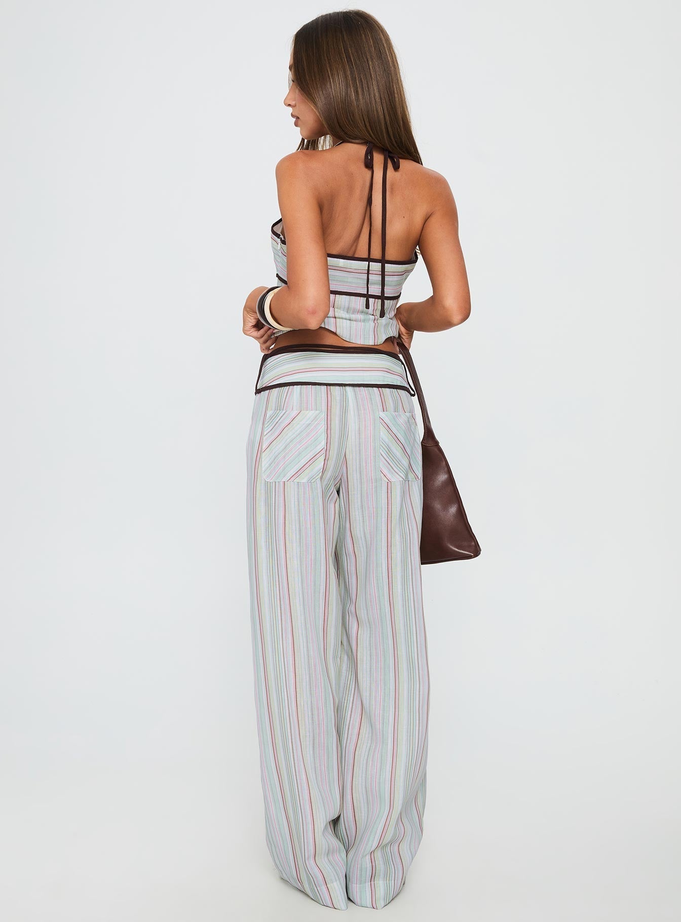 Taylar Thick Waistband Tie Trousers Green Stripe
