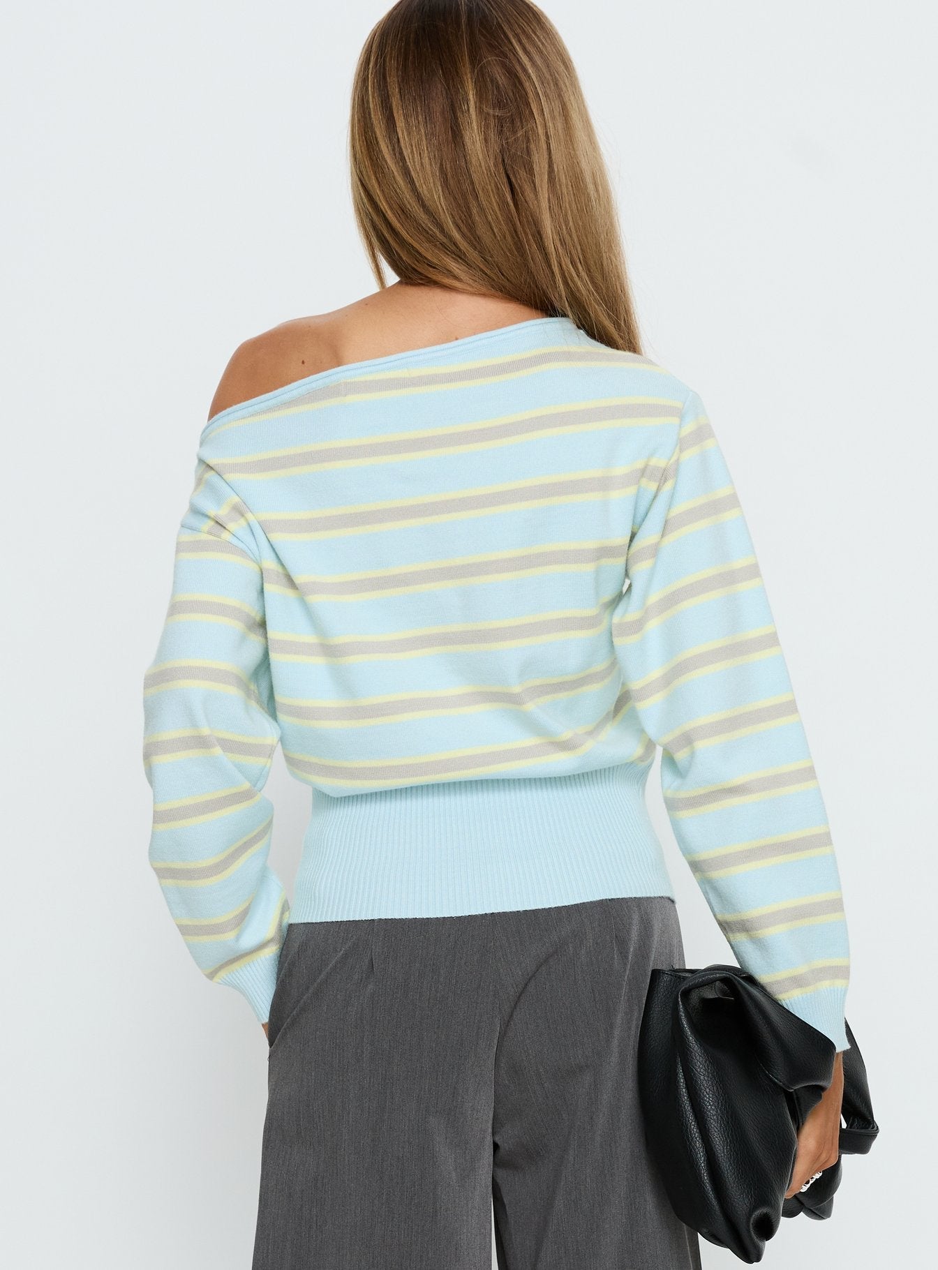 Zinia Off Shoulder Knit Jumper Grey / Blue Stripe