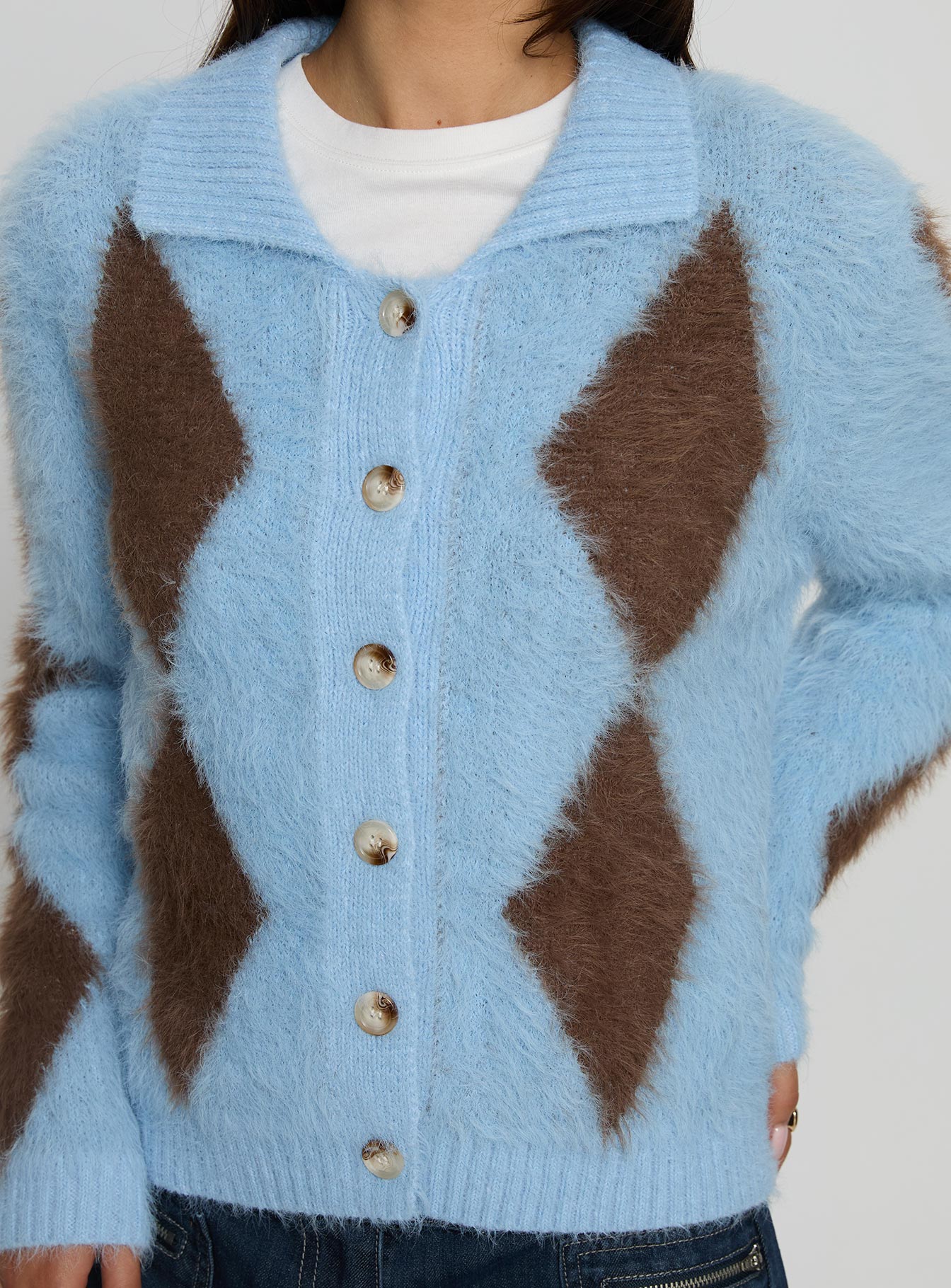 Lynnsey Fluffy Collared Knit Jumper Blue Argyle