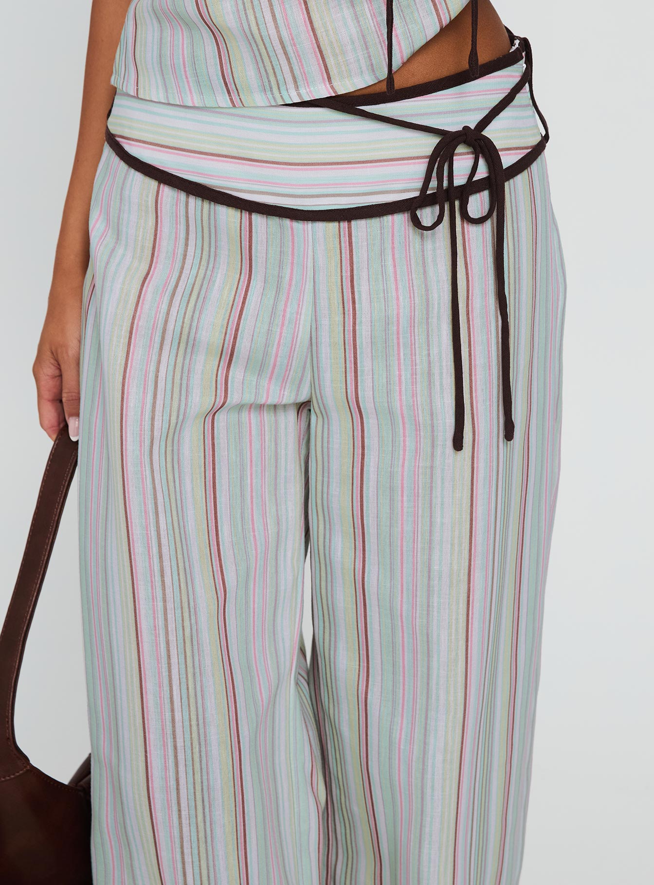 Taylar Thick Waistband Tie Trousers Green Stripe