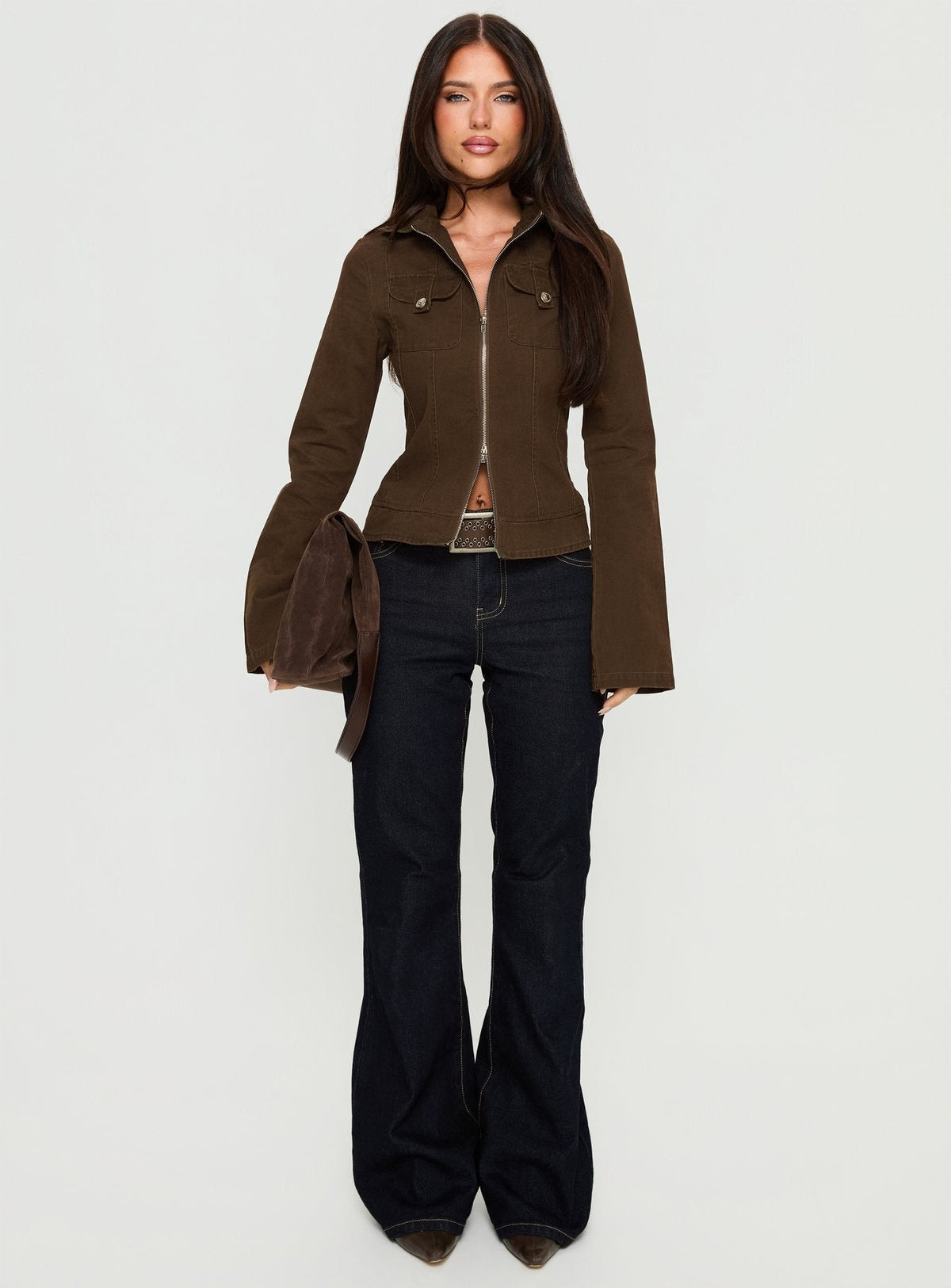 Kelehan Long Sleeve Zip Front Jacket Stonewashed Brown
