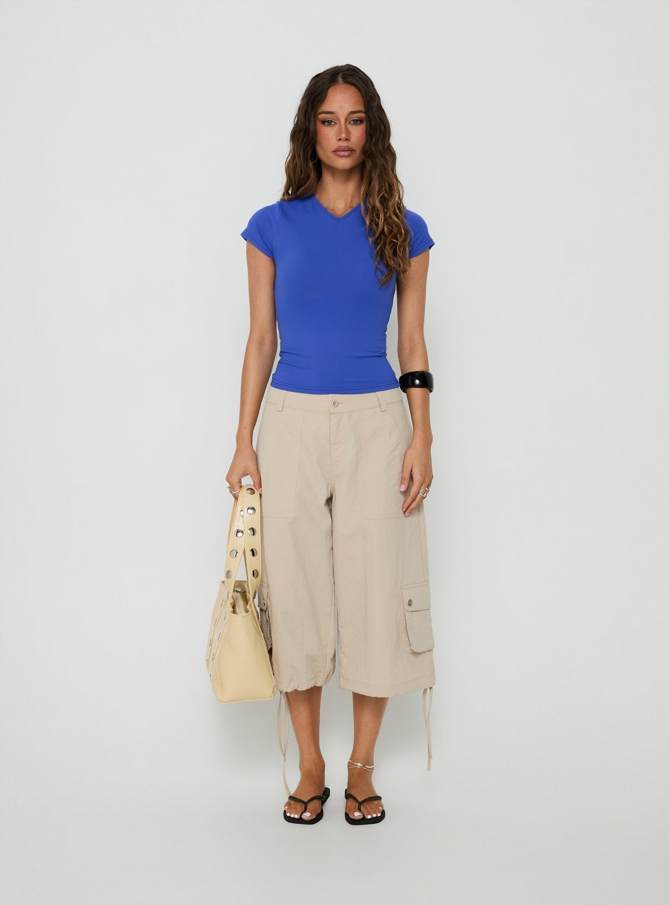 Daily Define High V Neck Short Sleeve Top Blue