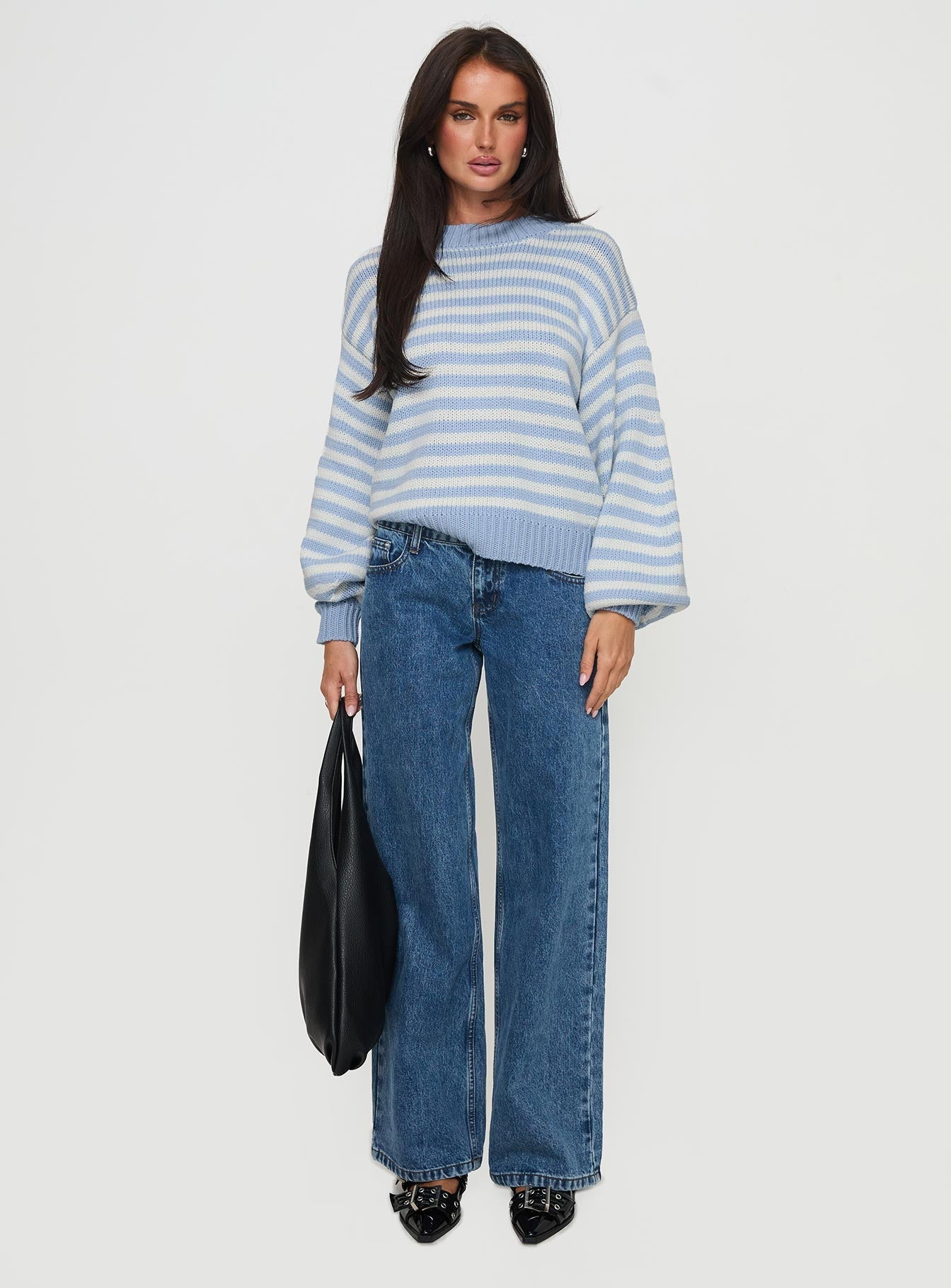 Harmony Balloon Sleeve Knit Jumper Blue / White Stripe
