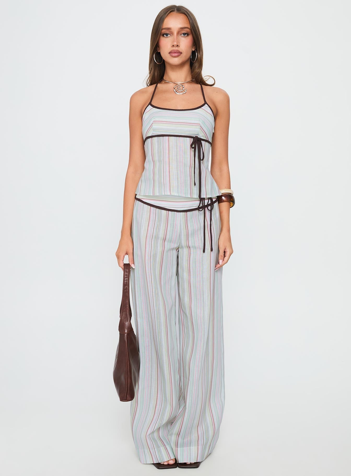 Taylar Thick Waistband Tie Trousers Green Stripe