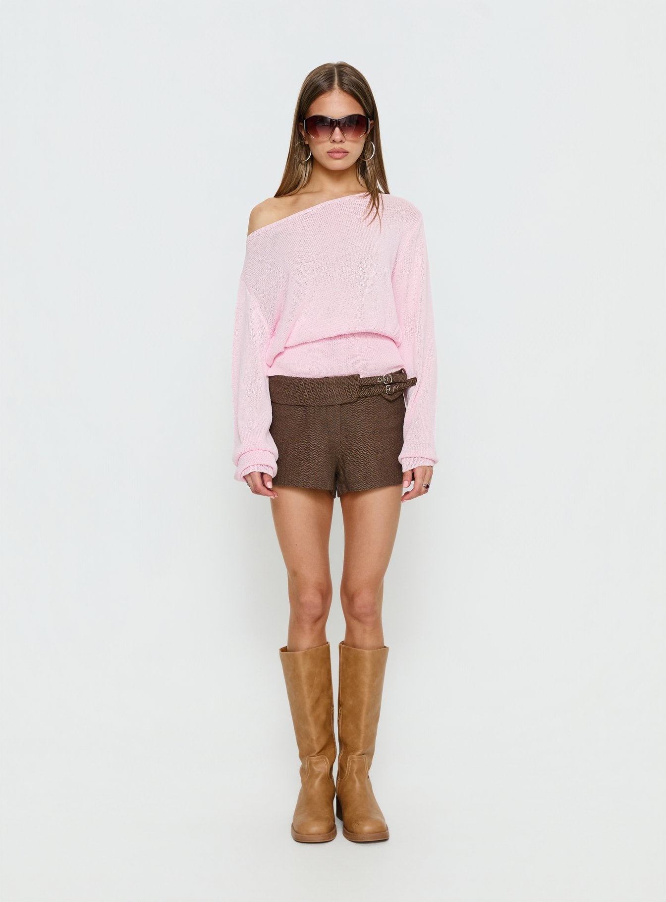 Xaria Off Shoulder Knit Jumper Pink