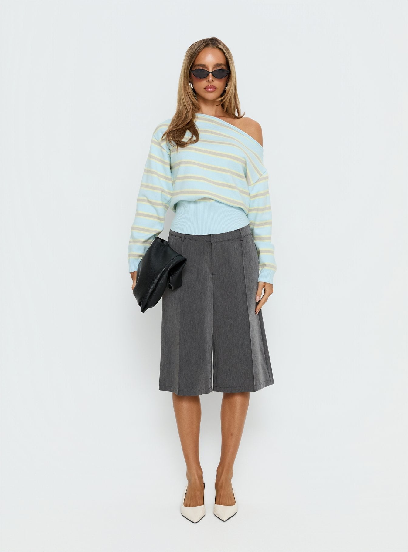 Zinia Off Shoulder Knit Jumper Grey / Blue Stripe