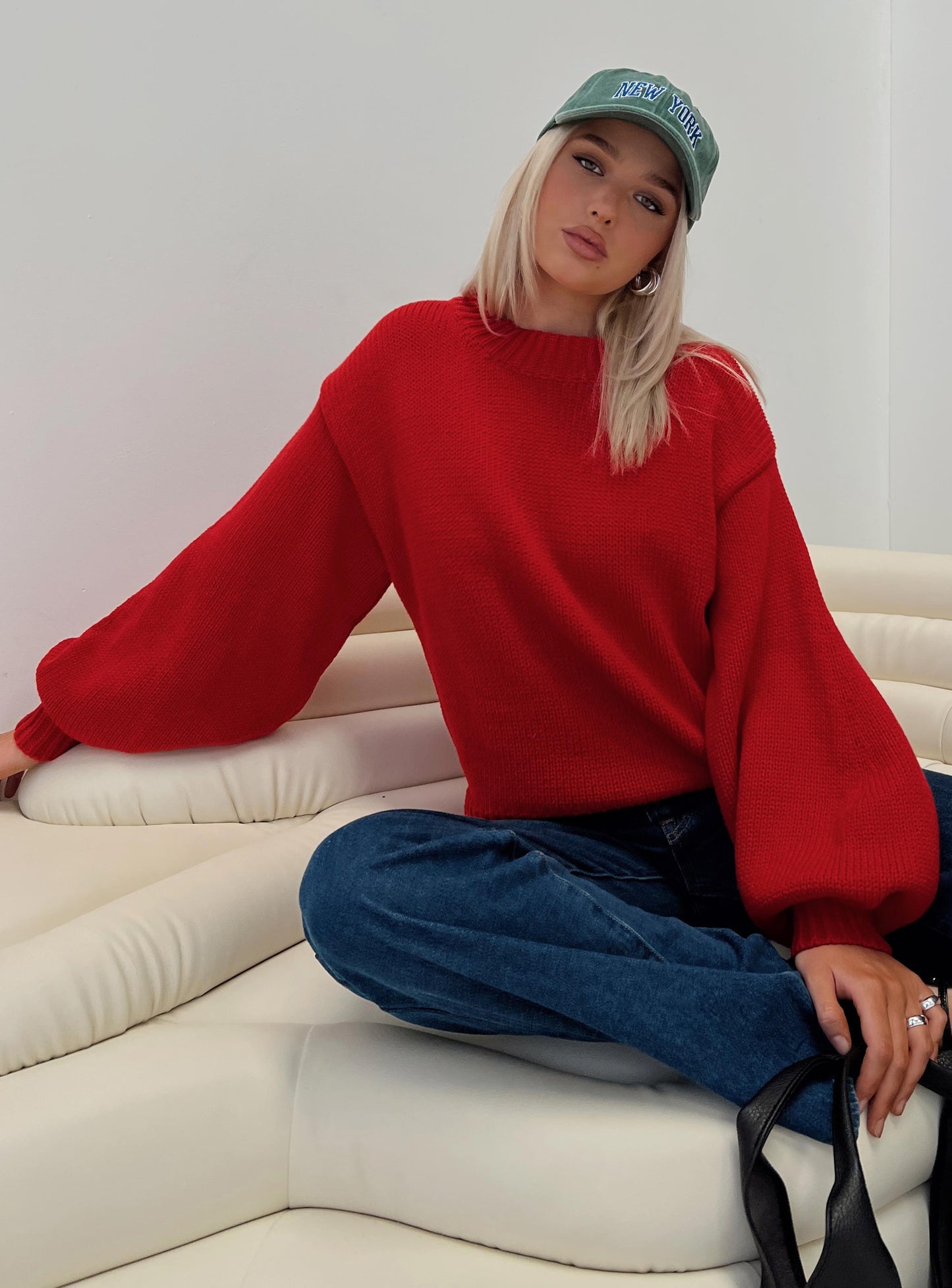 Harmony Balloon Sleeve Knit Jumper Red