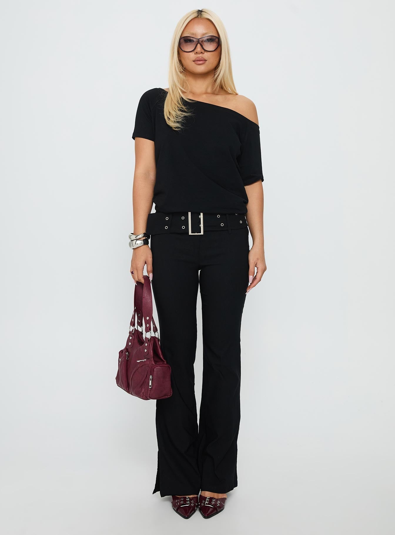 Kortnee Eyelet Detail Flare Leg Trousers Black