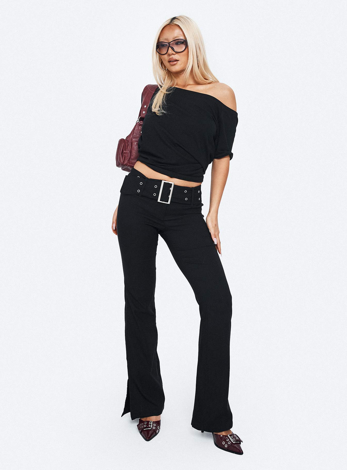 Kortnee Eyelet Detail Flare Leg Trousers Black