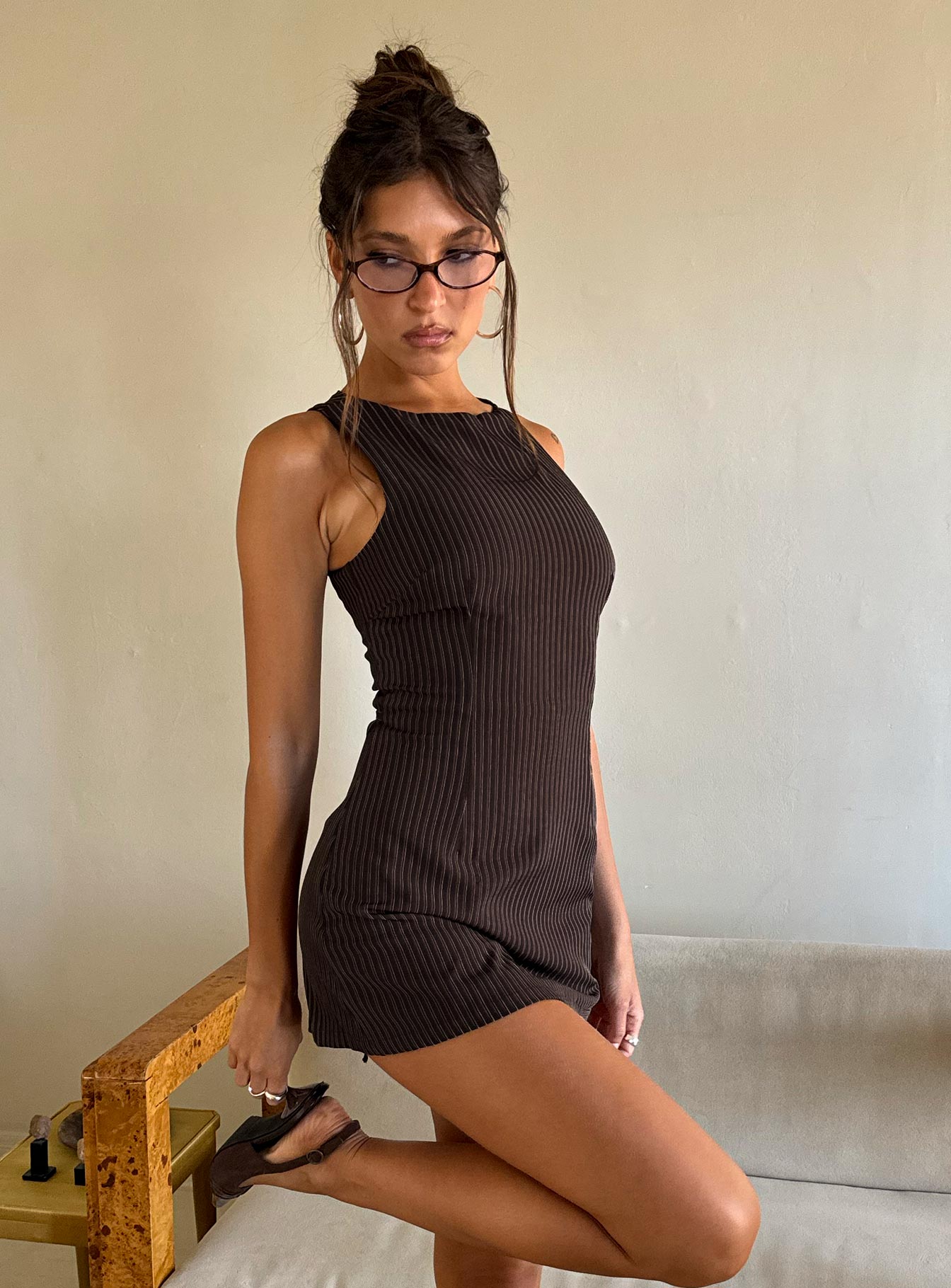Yumiko Playsuit Brown Pinstripe
