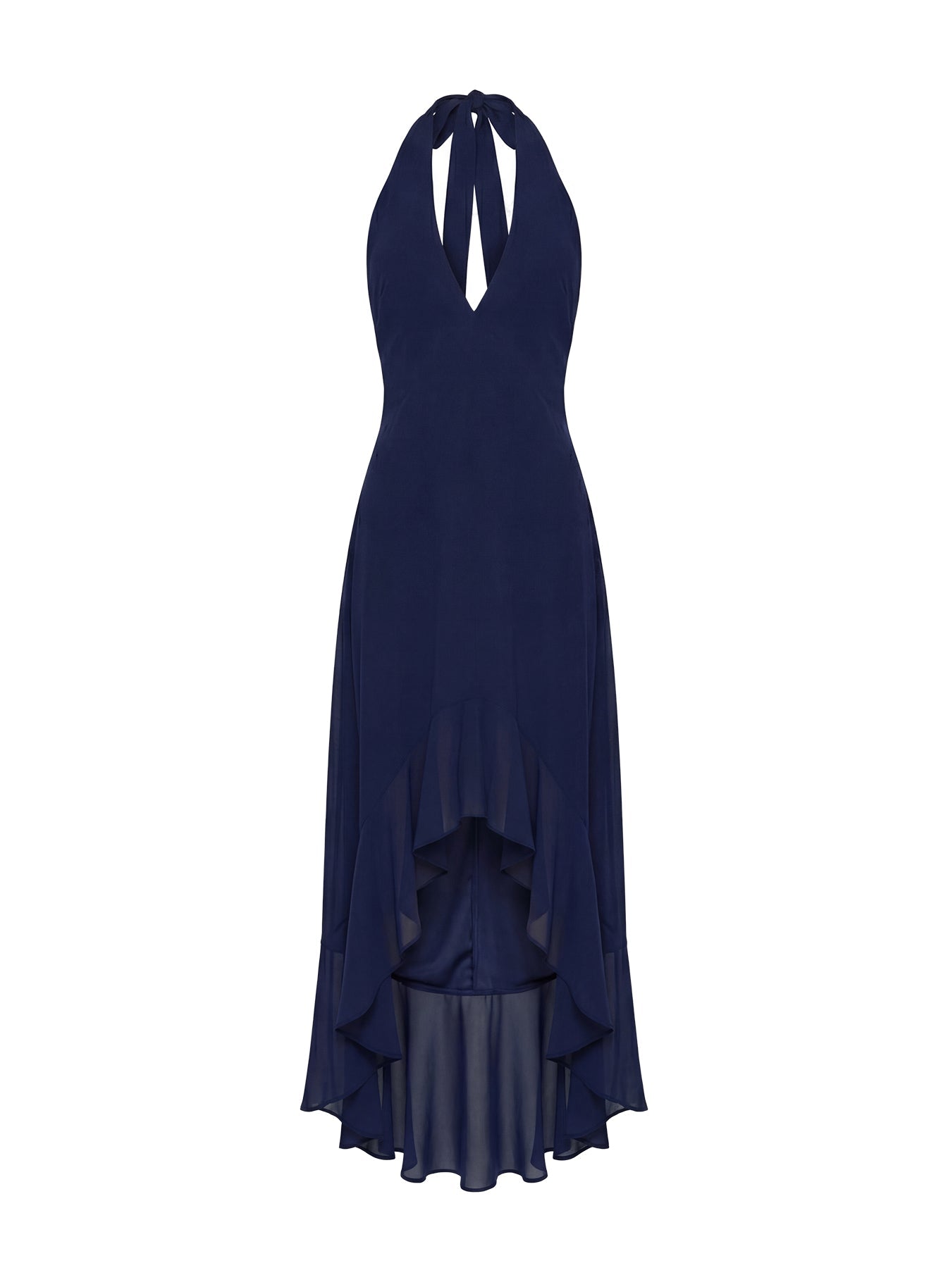 Vestido largo con volantes y cuello halter de Agata, azul marino