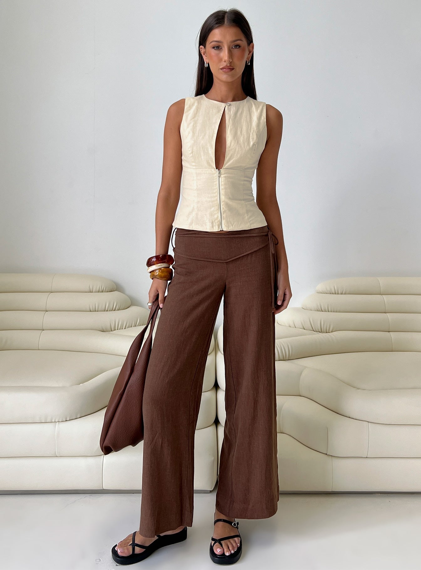 Silver Moon Linen Blend Tie Trousers Brown